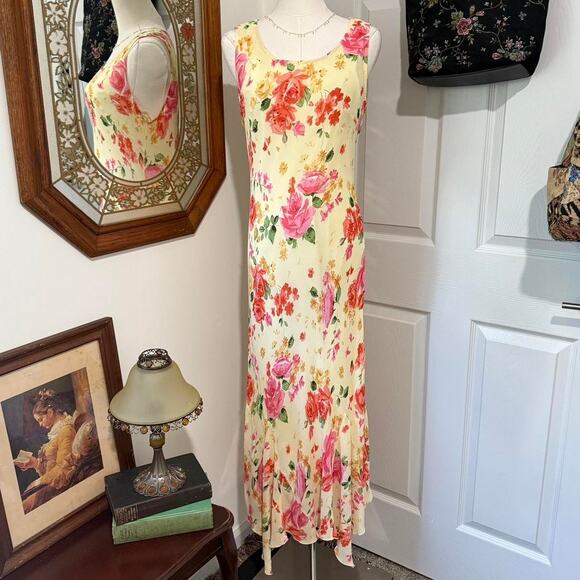 VTG 90s/Y2K Glamor Angel Yellow & Pink Floral Sequin Fairycore Maxi Dress L/M - Picture 1 of 8